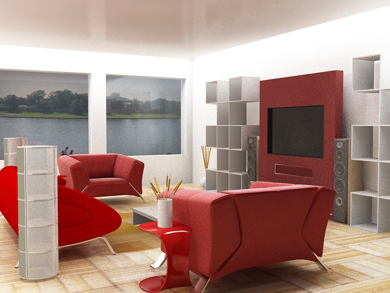 Red color is fit to make the living room attractive.