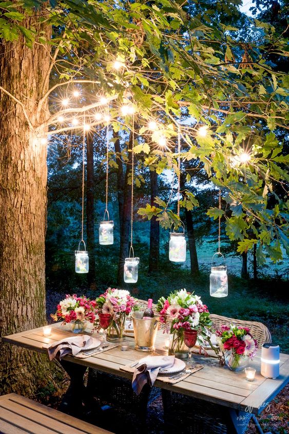 hanging lamp on the backyard trees