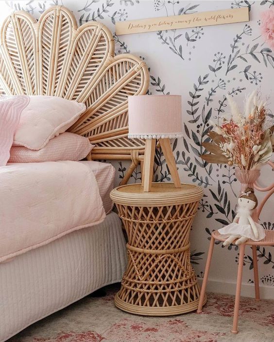 beautiful bedroom with rattan bedside table